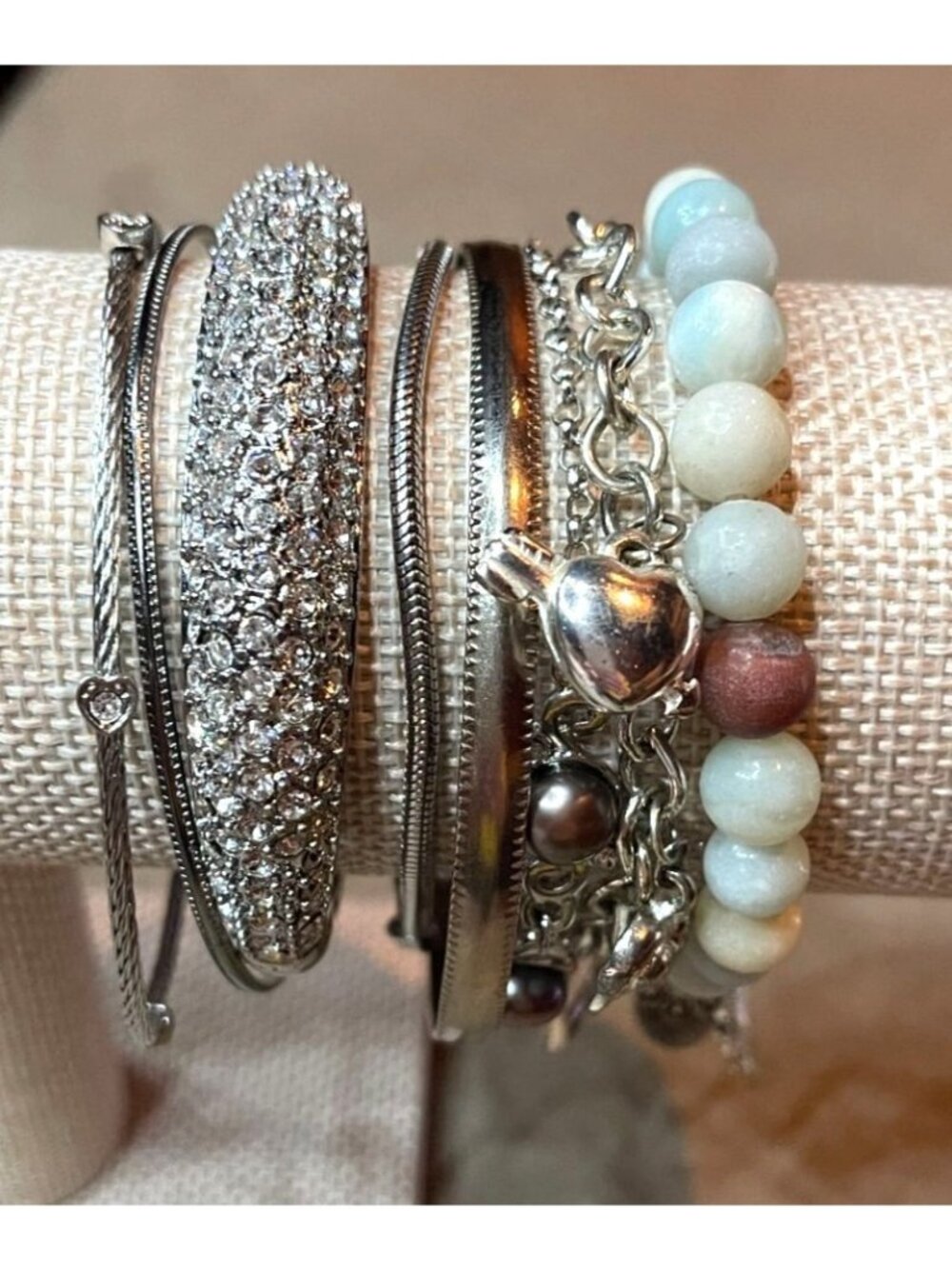 Vintage Bohemian Multi Textured Silver Rhinestone Bead Bangles Chain Bracelet Se